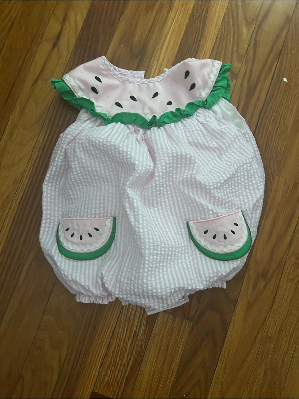 Pink Watermelon Seersucker Bubble Romper with Green Ruffle